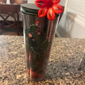 Starbucks Tumbler with Red Floral Accent
